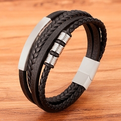 Pulseira masculina de couro genuíno com fecho magnético