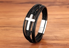 Pulseira Masculina de couro com crucifixo e Fecho cross