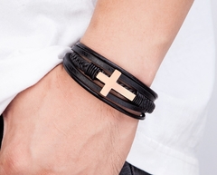 Imagem do Pulseira Masculina de couro com crucifixo e Fecho cross