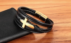 Imagem do Pulseira Masculina de couro com crucifixo e Fecho cross