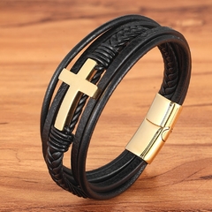 Pulseira Masculina de couro com crucifixo e Fecho cross - comprar online