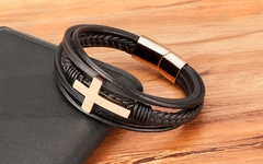 Pulseira Masculina de couro com crucifixo e Fecho cross - loja online