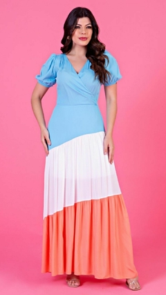 Vestido Petúnia Color Block Azul/Branco/Pêssego Viscolinho Decote Transpassado Zíper nas Costas (Contém Forro) na internet