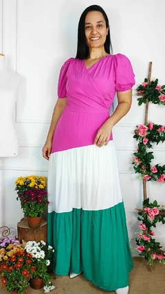 Vestido Petúnia Color Block Pink/Verde Viscolinho Decote Transpassado Zíper nas Costas (Contém Forro) - comprar online