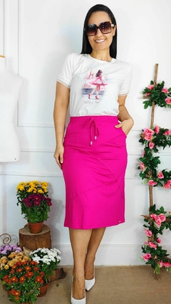 Conjunto Ayra Pink Saia Moletinho de Verão Forrada com Elastano e Blusa Frente Crepe Estampado Costas Malha de Algodão na internet