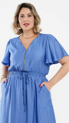 Vestido Sarah Azul Longo Pluss Viscose Com Poliamida Bolsos Laterais Funcionais Zíper no Busto e Cintura Com Ajuste De Elástico - Renata Schaper Boutique Moda Evangélica