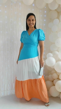 Vestido Petúnia Color Block Azul/Branco/Pêssego Viscolinho Decote Transpassado Zíper nas Costas (Contém Forro)