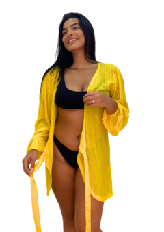 SAÍDA DE PRAIA KIMONO EM MALHA CANELADA DE LEVE TRANSPARÊNCIA COM AMARRAÇÃO FRONTAL - 1009 - comprar online