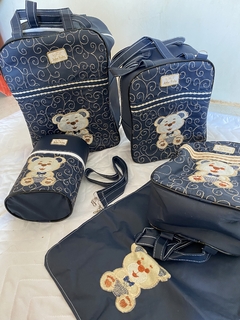 kit bolsa mala maternidade 5 peças urso azul marinho