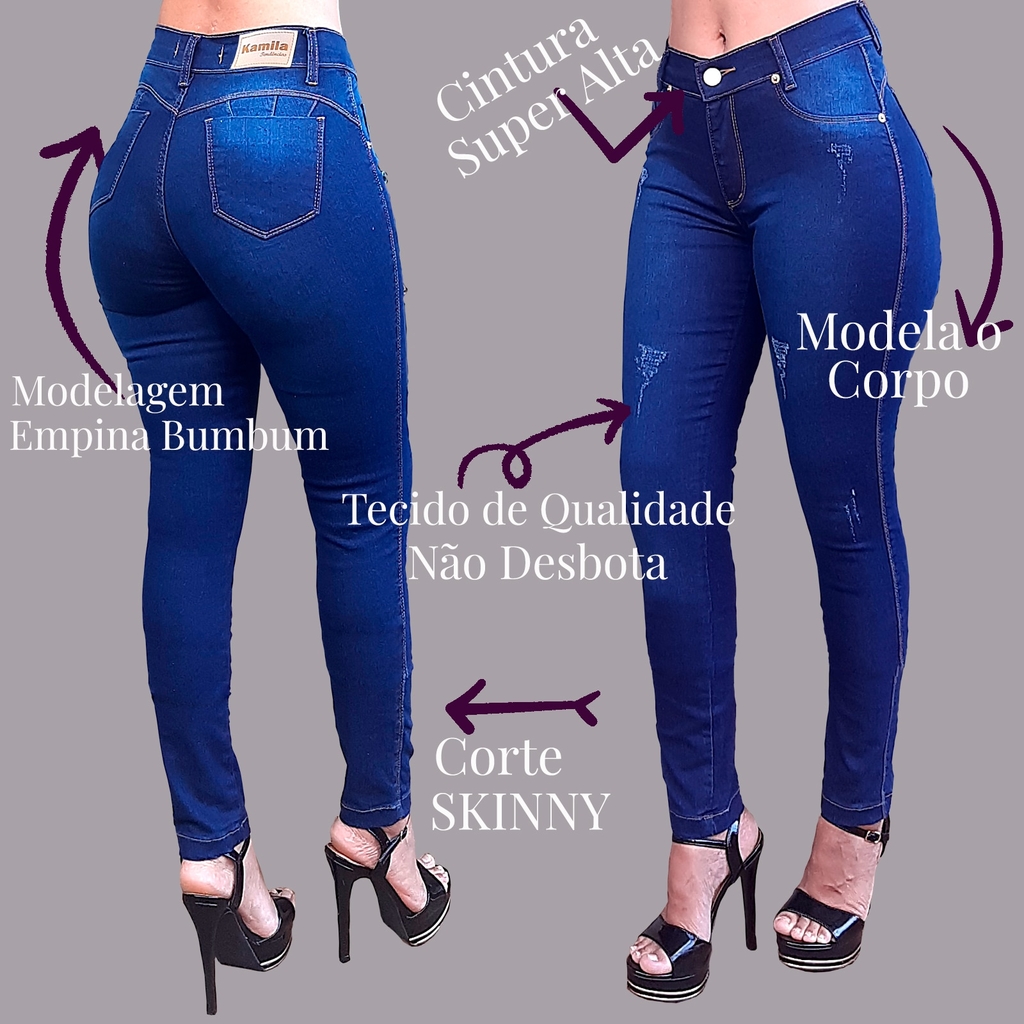 Calça Skinny Jeans Azul Básica Com Lycra Cintura Alta Empina