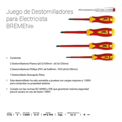 Juego Destornilladores Aislados Bremen 1000v ELECTRICISTA 7170 en internet