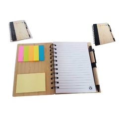 Bloco de anotações ecológico personalizado capa de bambu com caneta e autoadesivos