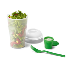 Copo para salada personalizado confeccionado em PP com garfo e molheira. na internet