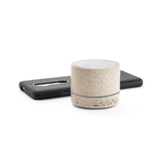 Caixa de som portátil personalizada e confeccionada em fibra de palha de trigo e ABS com microfone - Mkt Brindes Personalizados 