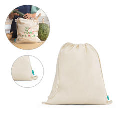 Sacola tipo mochila com cordão em algodão orgânico e personalizada com seu logo