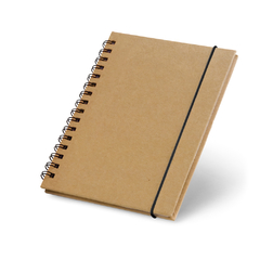 Caderno A6 em cartão com capa dura e 60 folhas não pautadas de papel reciclado personalizado.