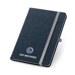 Caderno personalizado formato A5 com capa dura forrada em tecido tipo jeans