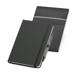 Kit de caderno personalizado tamanho A5 com esferográfica e capa em couro sintético com 80 folhas não pautadas. - Mkt Brindes Personalizados 