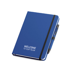 Kit de caderno personalizado tamanho A5 com esferográfica e capa em couro sintético com 80 folhas não pautadas. - Mkt Brindes Personalizados 