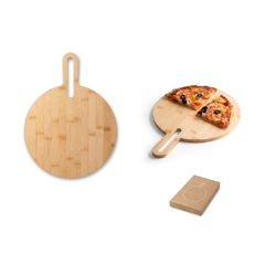 Tábua de frios e pizza em bambu redonda com pegador personalizada