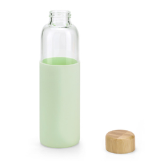 Imagem do Squeeze personalizada e confeccionada em vidro borossilicato revestida com luva em silicone e com tampa em bambu