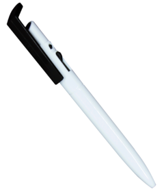 Caneta plástica personzalizada corpo branco e com detalhes no acionador e destravador colorido - Mkt Brindes Personalizados 