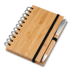 Caderno de anotações capa bambu e caneta ecológica personalizado