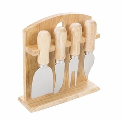 Kit queijo suporte base madeira personalizada com + 4 talheres para servir - Mkt Brindes Personalizados 