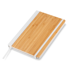 Caderno de anotações personalizado, capa de bambu e PU com elástico e miolo com 70 folhas.