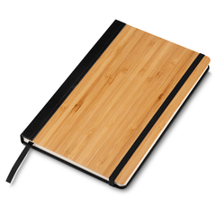 Imagem do Caderno de anotações personalizado, capa de bambu e PU com elástico e miolo com 70 folhas.