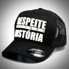 Boné Hype - Respeita Minha História Trucker - Preto Letra Branca - Original - Combina com tudo - Envio Imediato - Qualidade Alta