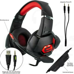 Headset Gamer Knup KP-FN600 Red Led Vermelho P3 + Adaptador P2 (Pega em Todas as Plataformas)