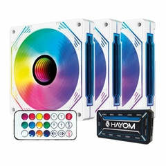 Kit 3 Cooler Fan Hayom 120mm Ventoinhas FC1309 RGB Branco c/ Controladora e Controle