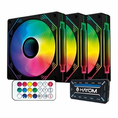 Kit 3 Cooler Fan Hayom 120mm Ventoinhas FC1308 RGB Preto c/ Controladora e Controle