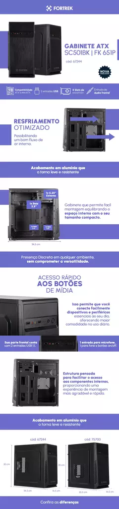 Gabinete Office Fortrek SC501BK Preto FK 651P - Micro-ATX e Mini-ITX