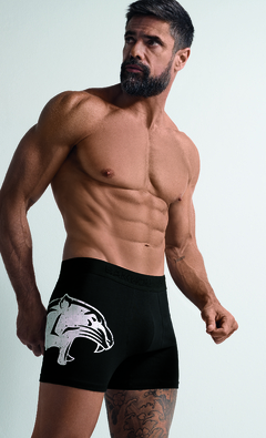 BA2024-Boxer algodón y lycra Liso con estampa localizada Pantera, elástico sobre relieve negro.