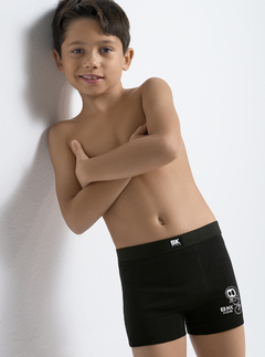 BA4041-Boxer Niño algodon y lycra. Liso con estampa localizada Robot, elastico liso negro