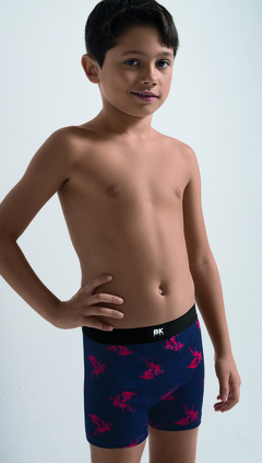 BA4044-Boxer niño algodón y lycra Estampado Dragones, elástico liso negro.