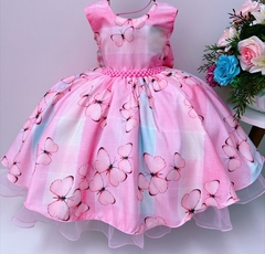 Vestido Infantil de Festa Rosa Com Borboletas Luxo Princesa Jardim Encantado