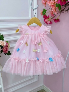 Vestido Infantil de Festa Rosa Jardim Encantado Borboletas