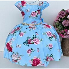 Vestido Infantil de Festa Azul Floral Luxo