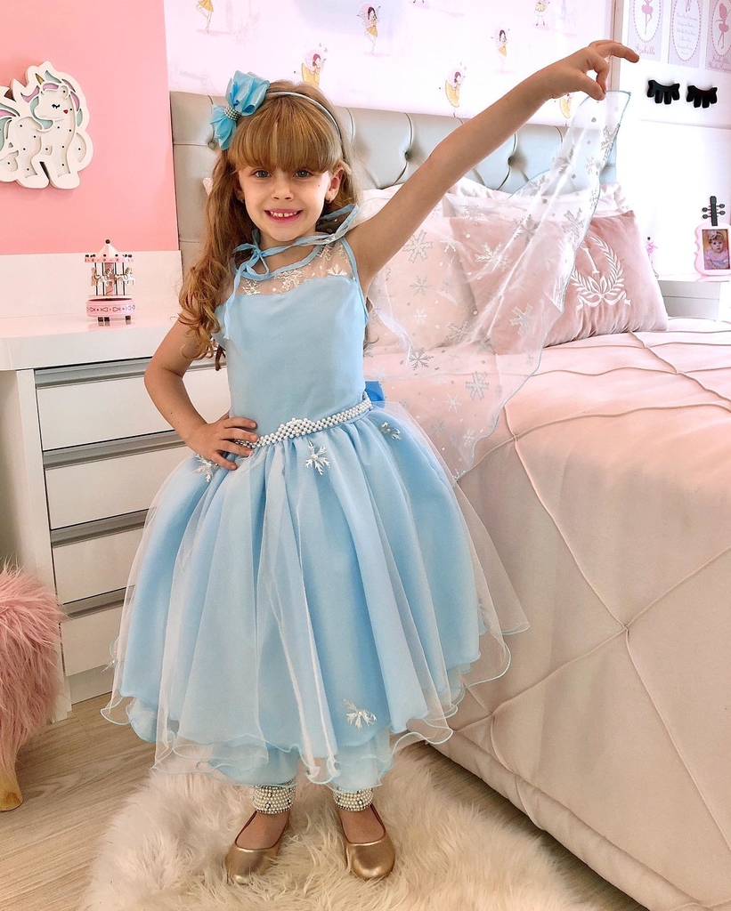 Vestido Infantil Azul Frozen com Capa Luxo