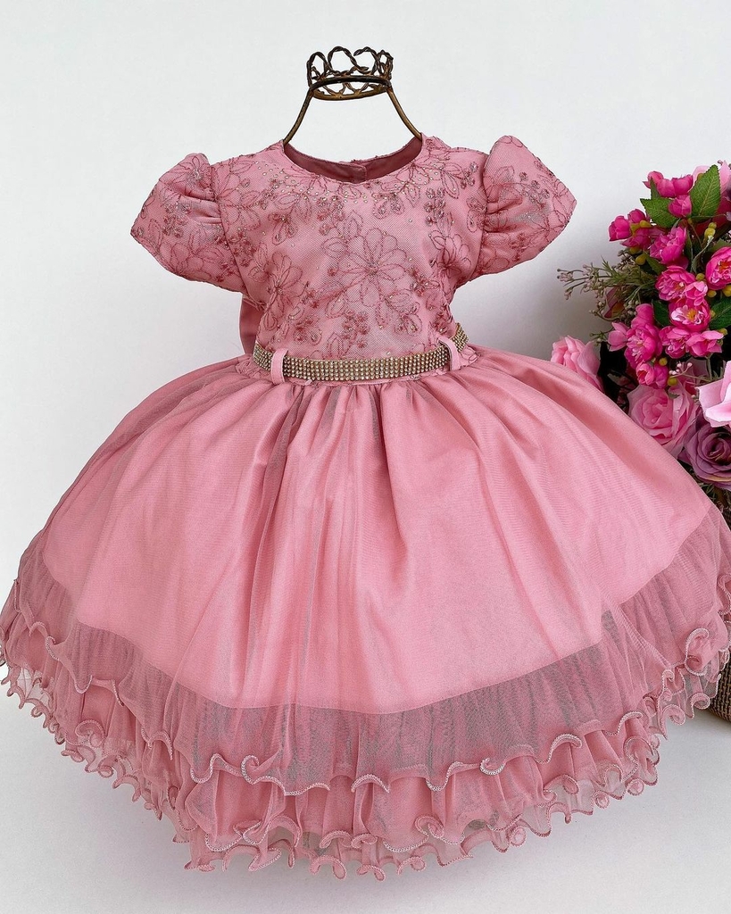 Vestido Infantil de Festa Rosa Bebê Luxo Princesa