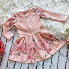 Vestido Infantil Rosa Floral Manga Longa