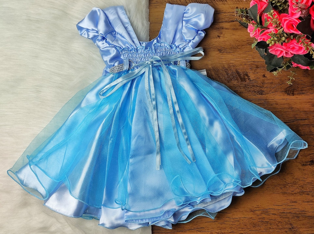 Vestido Cinderela Infantil Princesa Elegante Festa Azul Luxo