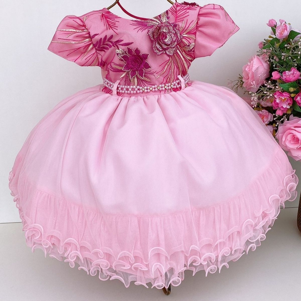 Vestido Bebe Rosa Pink Infantil Princesa Bordado Renda Luxo  Vestido  florista, Vestidos de festa rosa, Vestidos infantis