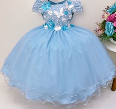 Vestido Infantil Azul Jardim Encantado Borboletas