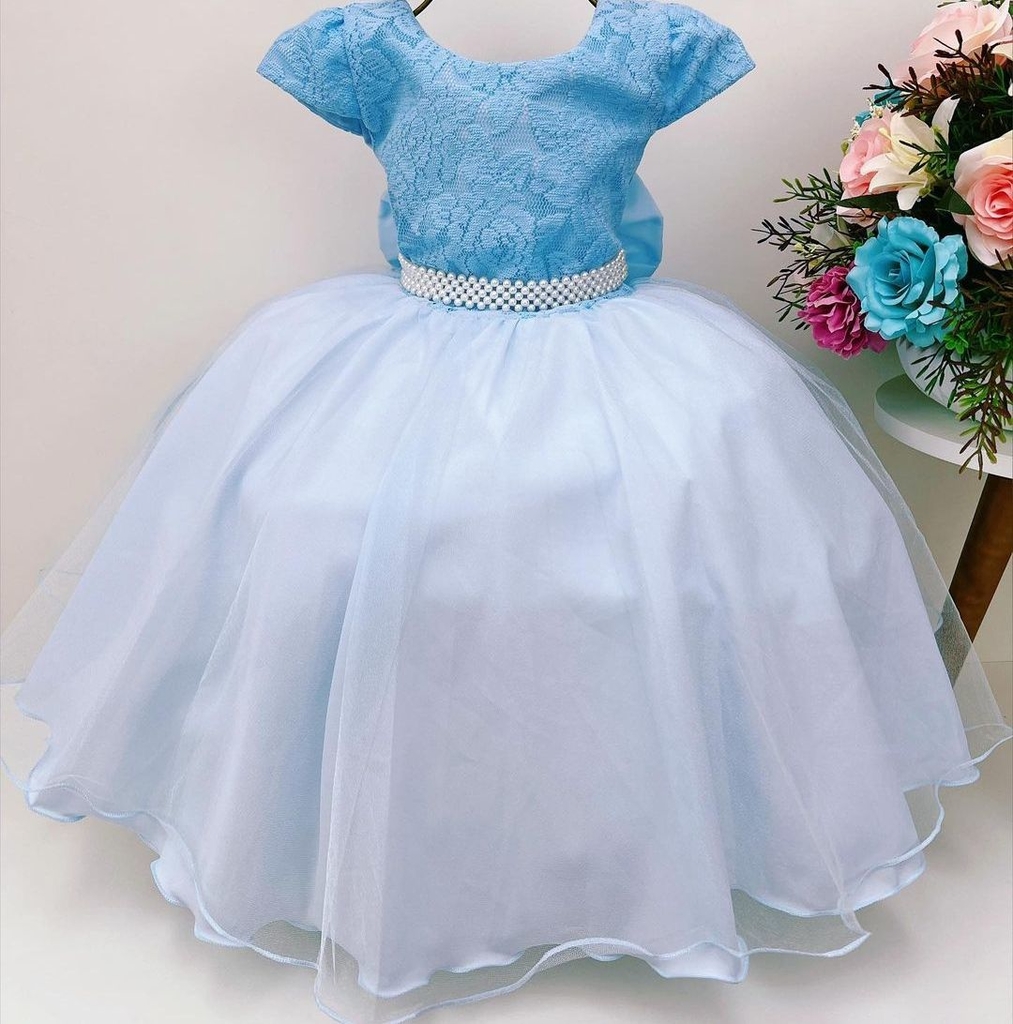 VESTIDO INFANTIL CINDERELA PRINCESA AZUL C/ RENDA E PÉROLAS