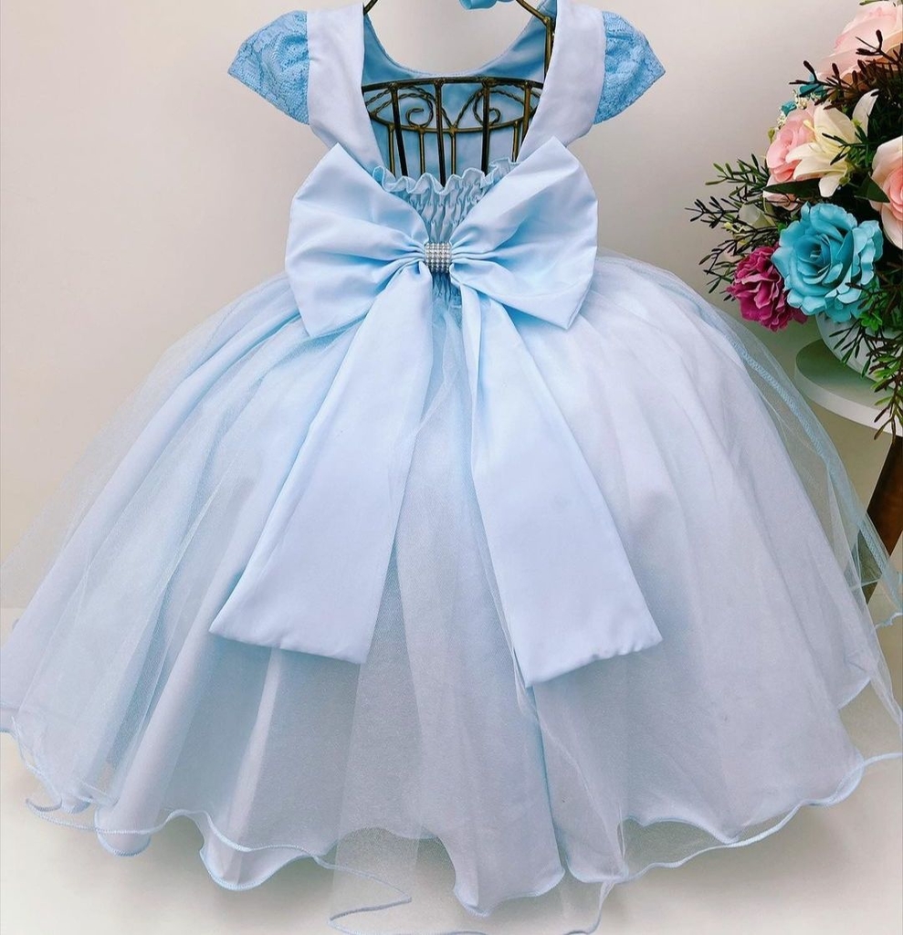 Vestido Infantil Frozen e Cinderela Com Renda Cinto Pérolas