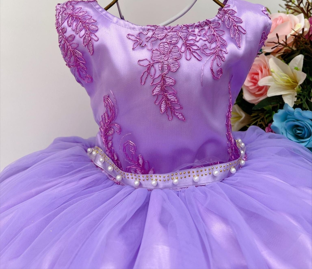 Vestido Infantil Princesa Sofia Lilás C/ Cinto De Pérolas